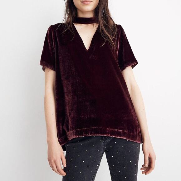 Madewell Velvet Choker V-Neck Burgundy Top XS NWT Holiday Party - Picture 2 of 7